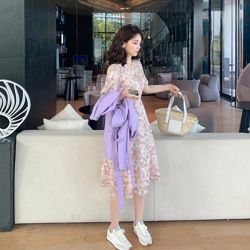 IELGY Đầm chiffon Dài Cổ Chữ V In Họa Tiết Tranh Sơn Dầu Phong Cách Hàn Quốc Thời Trang Mùa Hè Mới Cho Học Sinh