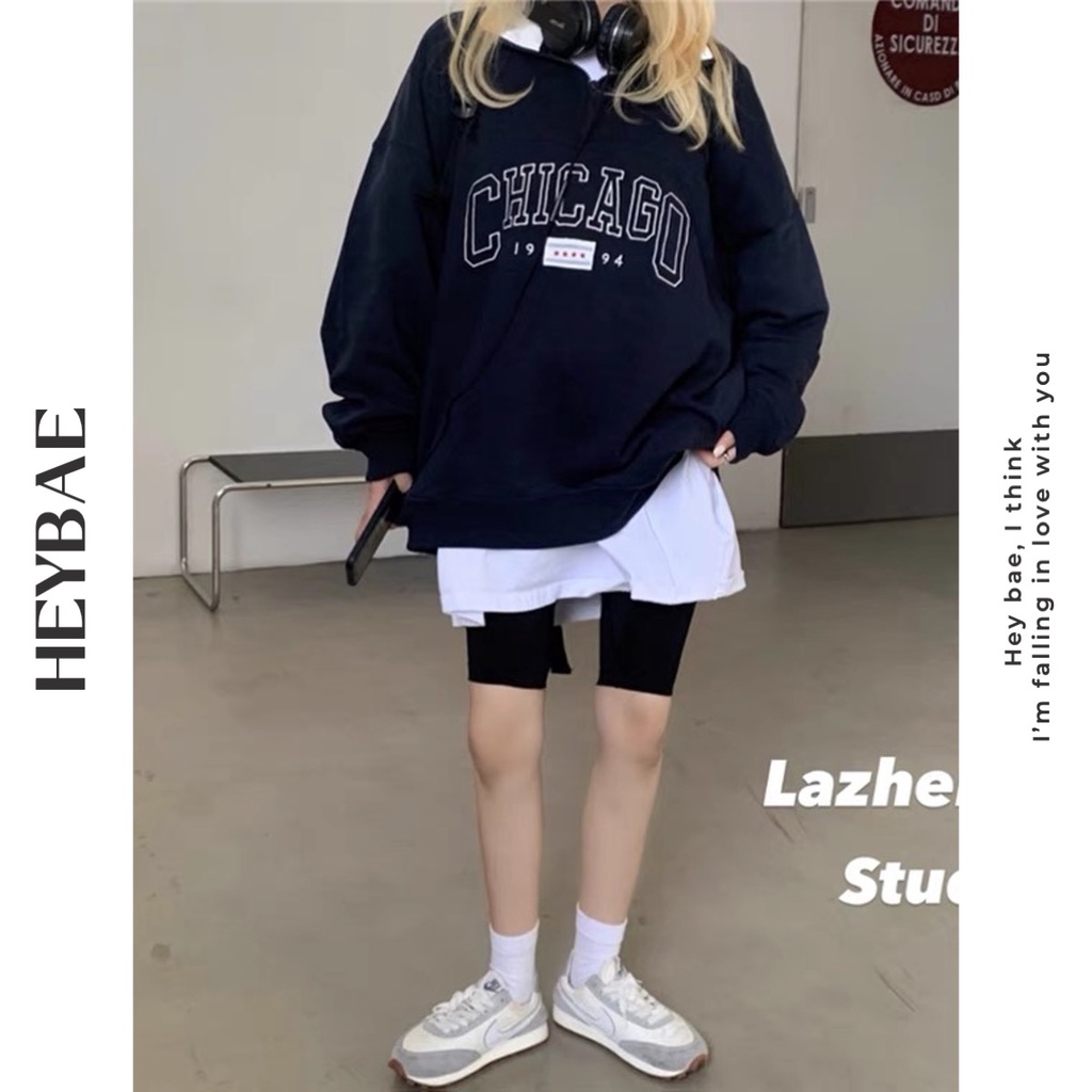 Áo sweater nỉ chui đầu oversize Chicago HEYBAE cổ bẻ khoá kéo dài tay dáng rộng vintage màu navy cho nữ AK004 | BigBuy360 - bigbuy360.vn