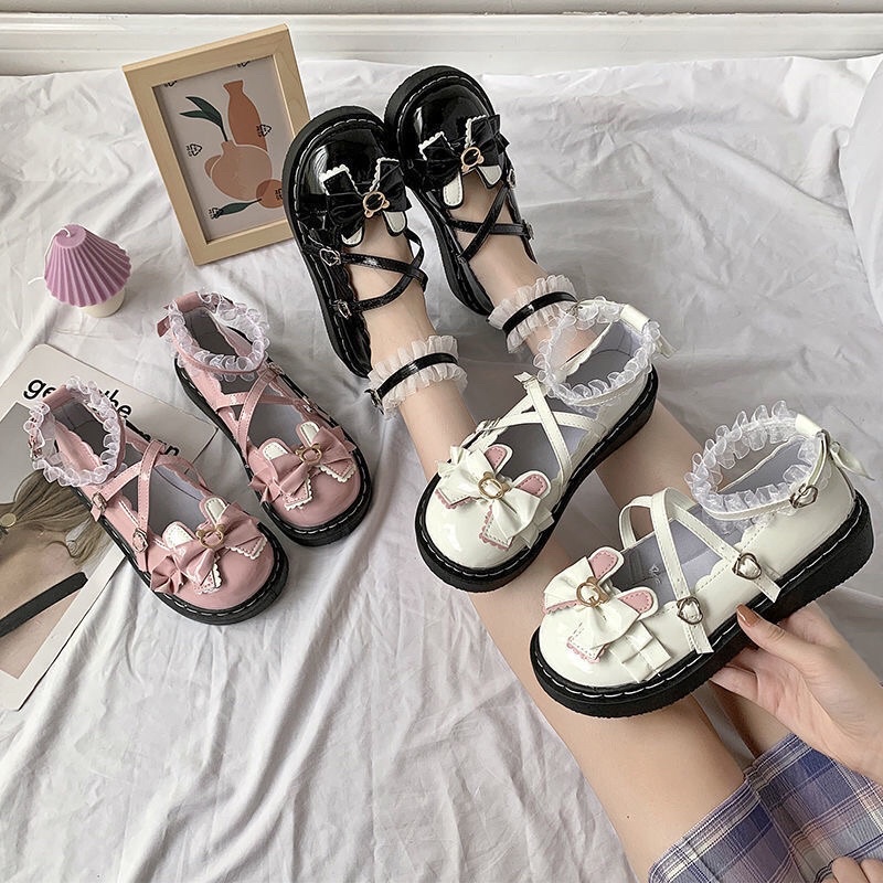 Giày lolita đế bệt da mũi tròn quai chéo gót đính nơ phong cách Nhật Bản