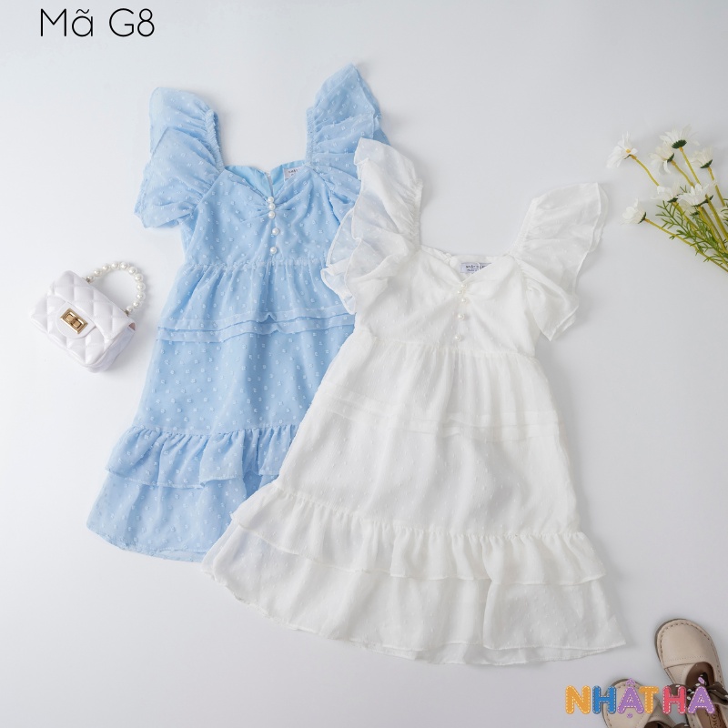 Váy bé gái mùa hè G8 thiết kế tay cánh tiên chất voan tơ 2 lớp size đại từ 12-45kg