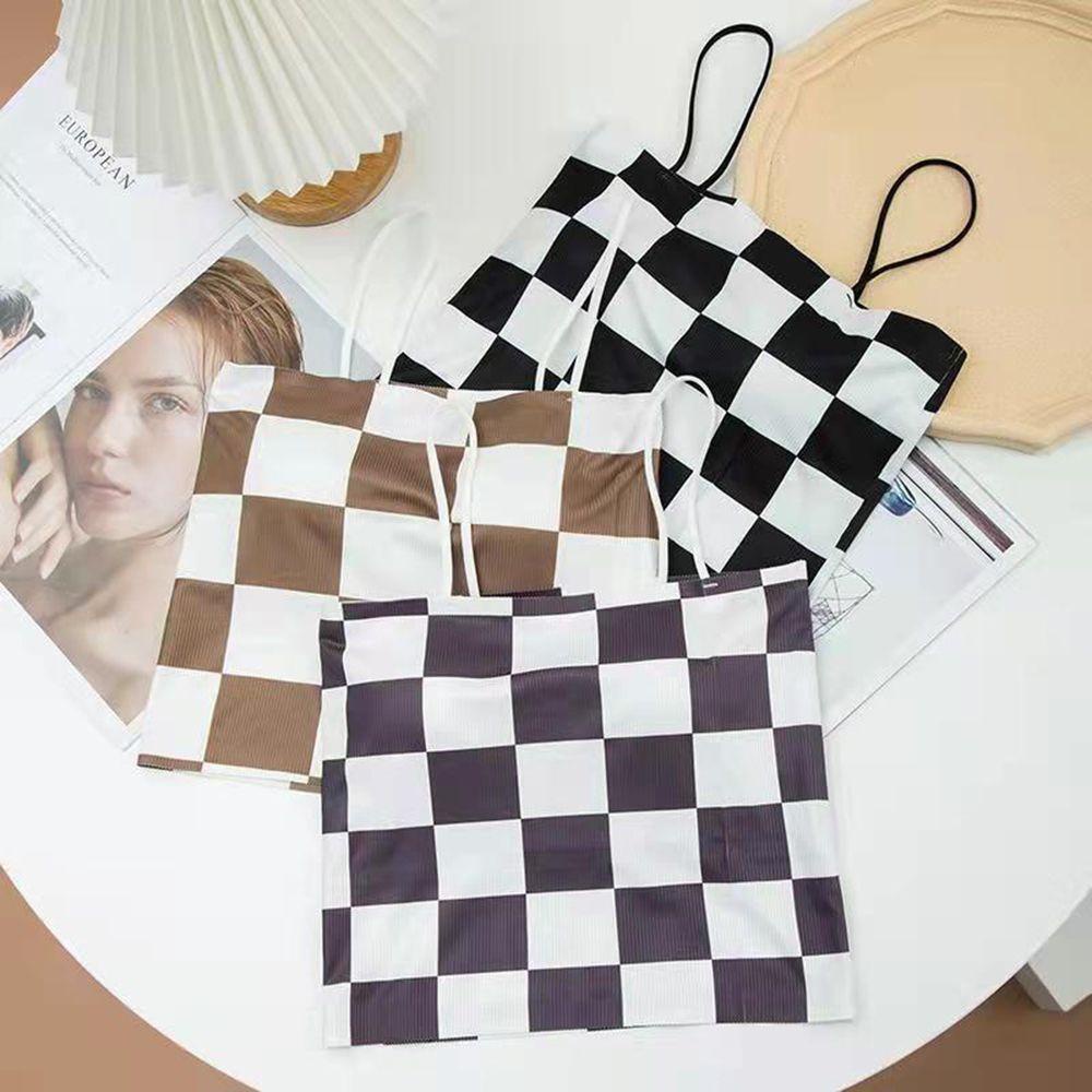 OCEANMAP Áo Lót Croptop Hai Dây Họa Tiết Caro Hở Lưng Xinh Xắn Cho Nữ