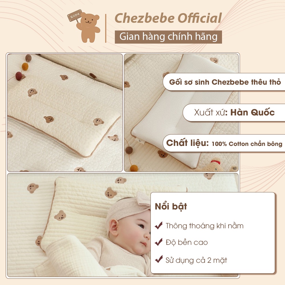 Gối cho bé sơ sinh 100% cotton lụa có rãnh thoát nhiệt, vải lưới 3D thoáng mát Chezbebe