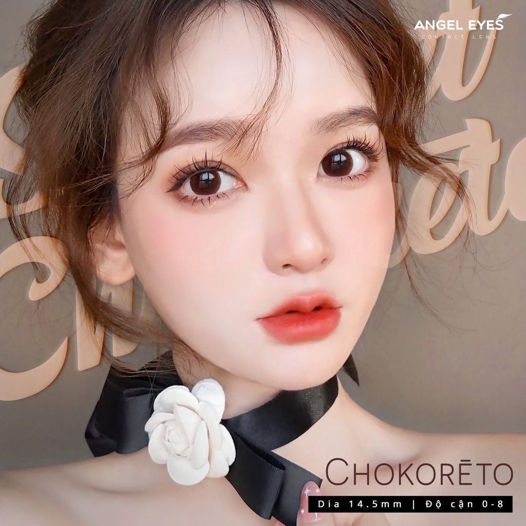 Kính giãn tròng màu Choco hiệu Angel Eyes Chokoreto có độ - Chất liệu Silicone Hydrogel độ giãn 14.5