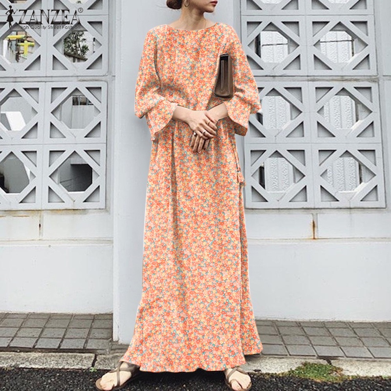 Đầm maxi Zanzea dài tay ống loe xẻ tà phong cách vintage thời trang cho nữ