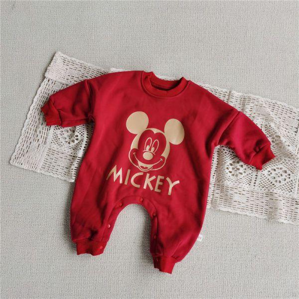 Bộ Áo Liền Quần Dài Tay In Hình Chuột Mickey Đáng Yêu Cho Bé