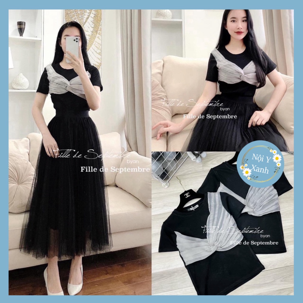 Áo thun nữ kiểu xoắn nơ ngực dáng ôm, t shirt kiểu cổ tròn ngắn tay nội y xanh chất đẹp giá tốt