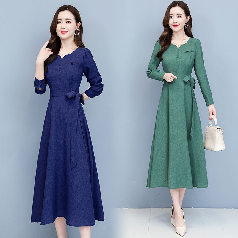 Đầm dáng dài cotton lanh 2021 thời trang Hàn Quốc