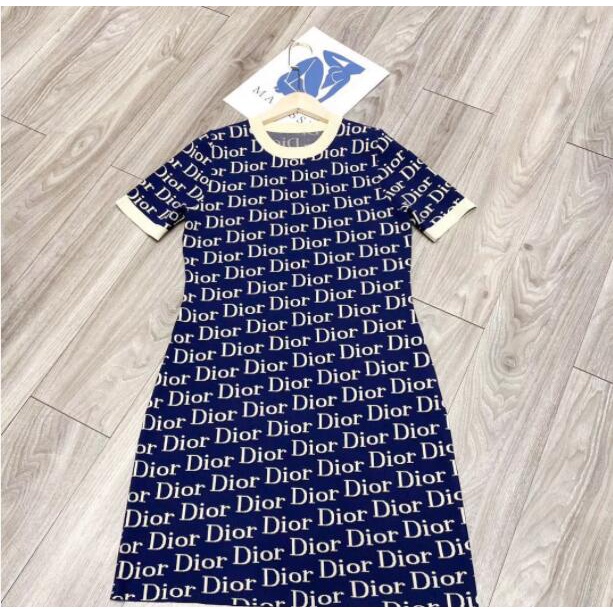 Đầm dệt kim tay ngắn in họa tiết Dior hợp thời trang cho nữ