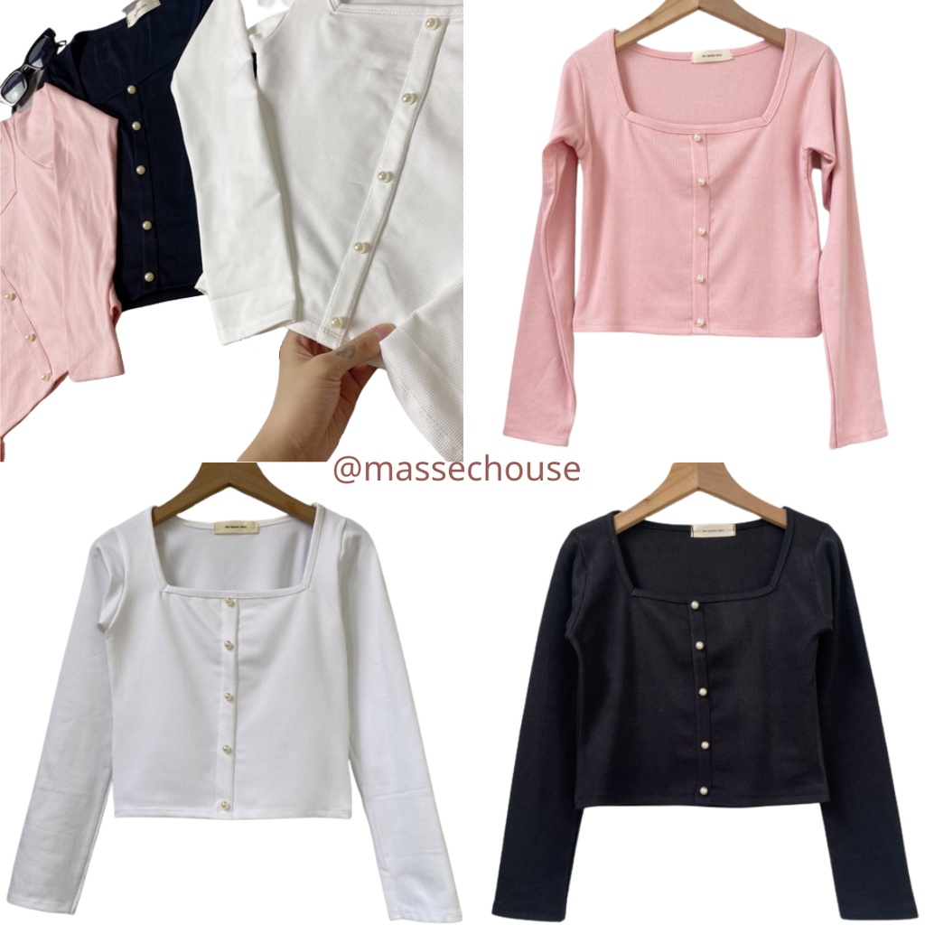 Áo Croptop Tay Dài Cổ Vuông MASSEC Áo Thun Gân Đính Ngọc GG2213