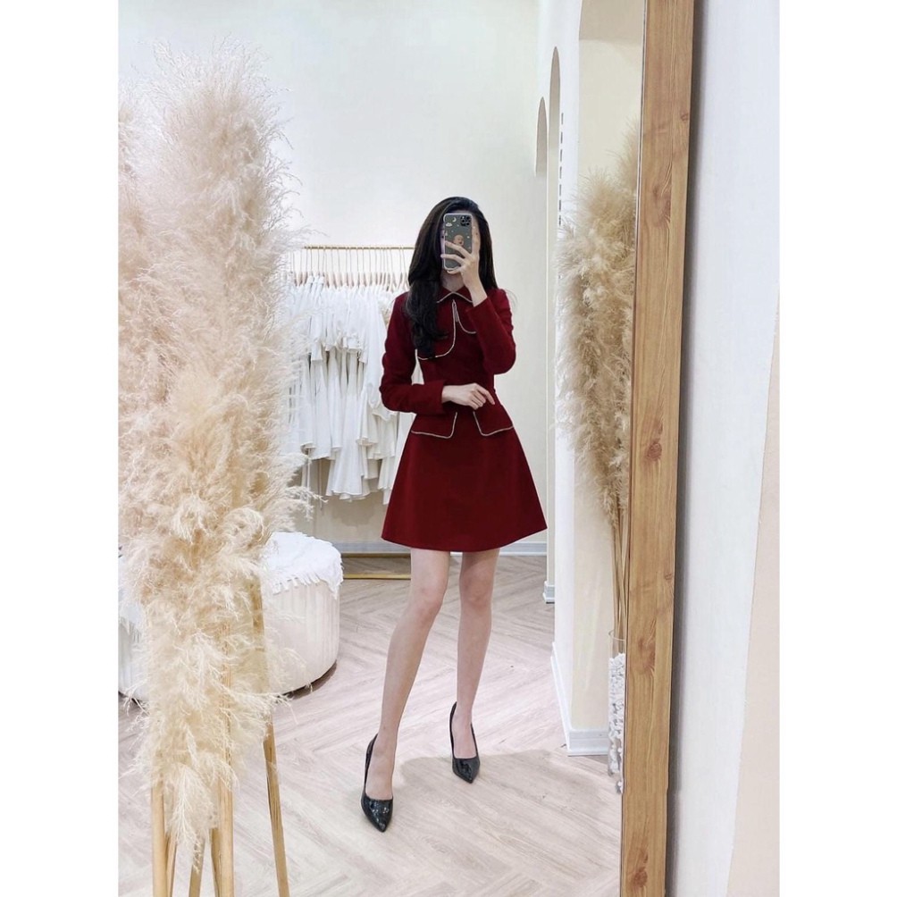 Váy nhung xòe dài tay thiết kế liền thân style hàn quốc cao cấp 2 màu đỏ đen | BigBuy360 - bigbuy360.vn