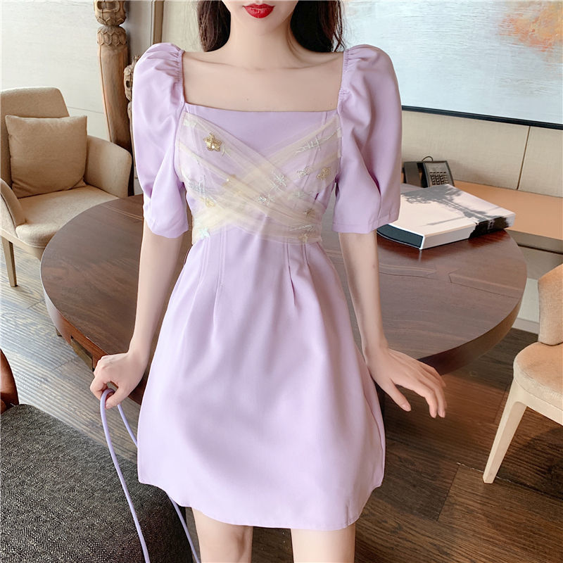 Phong Cách Hàn Quốc A Line Dress Mesh Stitching Design Summer Square Collar Puff Sleeve Women