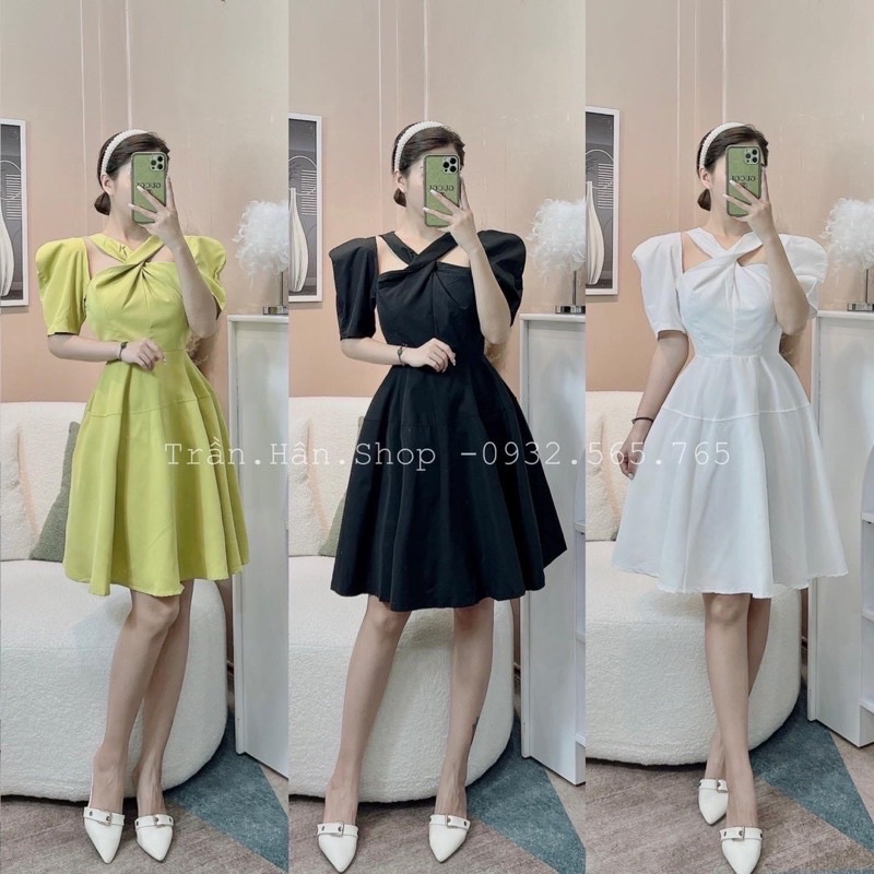 Đầm xoè xoắn ngực tay phồng hình chụp thật