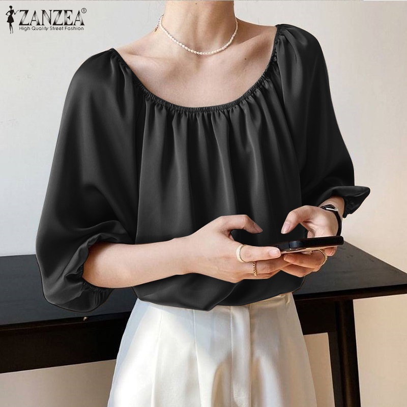 Áo Sơ Mi Vải Satin Tay Lửng Cổ Tròn Màu Trơn Thời Trang Đường Phố Thanh Lịch Cho Nữ ZANZEA