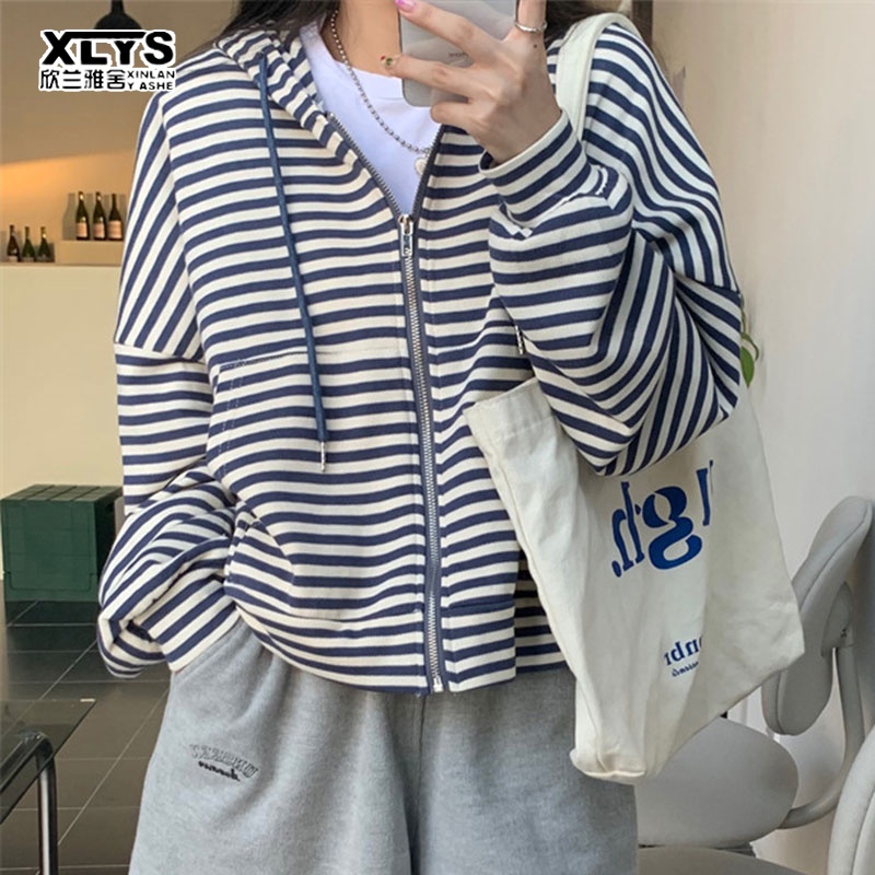 Xin LAN YA SHE Áo Khoác cardigan Dài Tay Dáng Rộng Mỏng Kẻ Sọc Giản Dị Có Khóa Kéo Hàng Mới Dành Cho Bạn Nữ