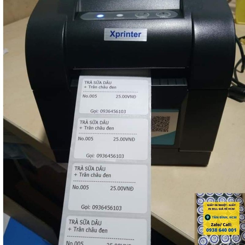 Máy in mã vạch, tem nhiệt trà chanh trà sữa khổ 1 tem giá rẻ Xprinter XP-350B