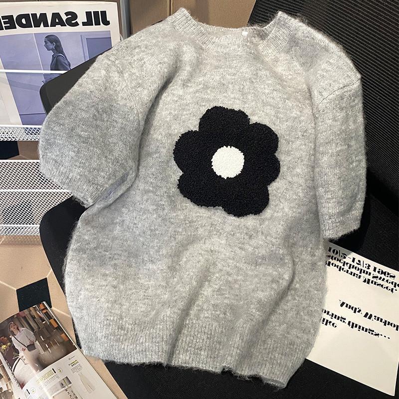 Áo Sweater Dệt Kim Tay Ngắn Cổ Tròn Ba Chiều Mềm Mại In Họa Tiết Hoa Thời Trang Xuân Thu Cho Nữ
