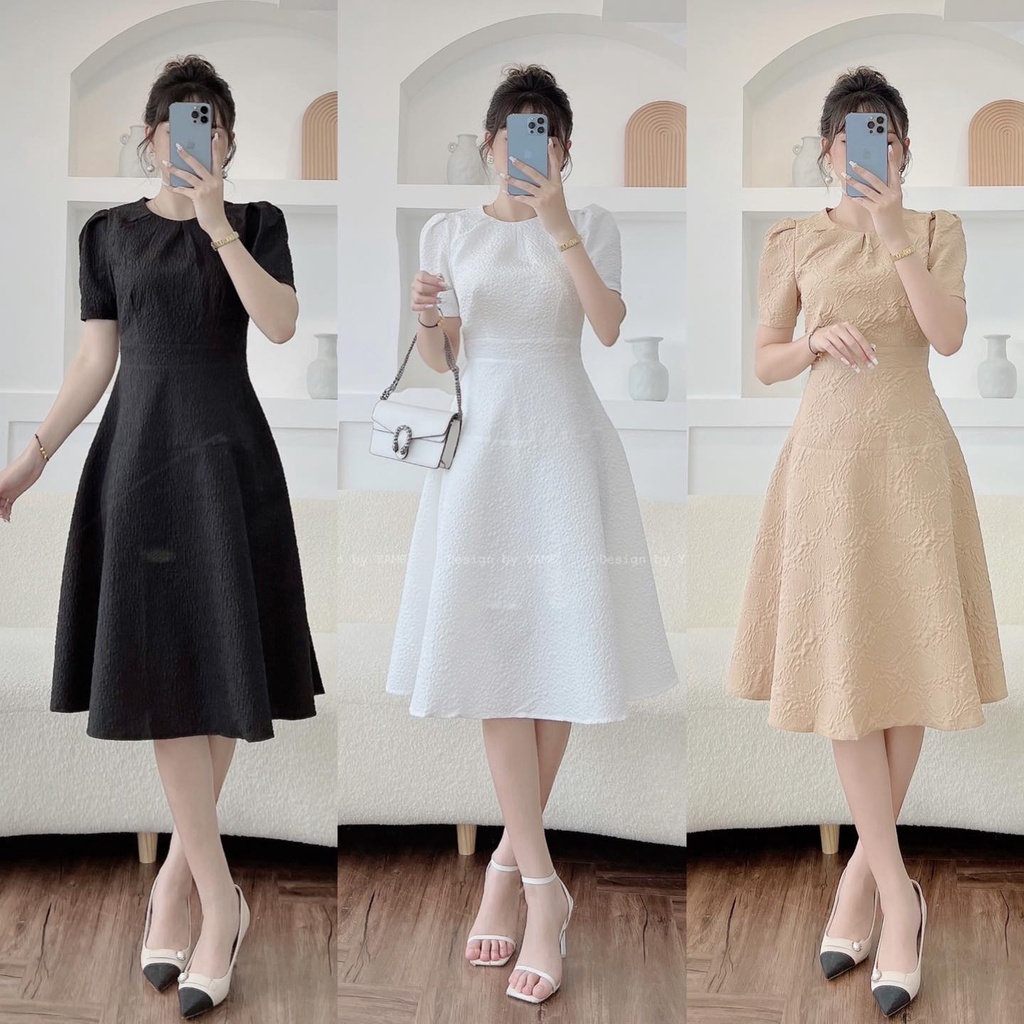 Váy thiết kế tay bồng 3 màu nâu, đen, trắng  YV40 YAME