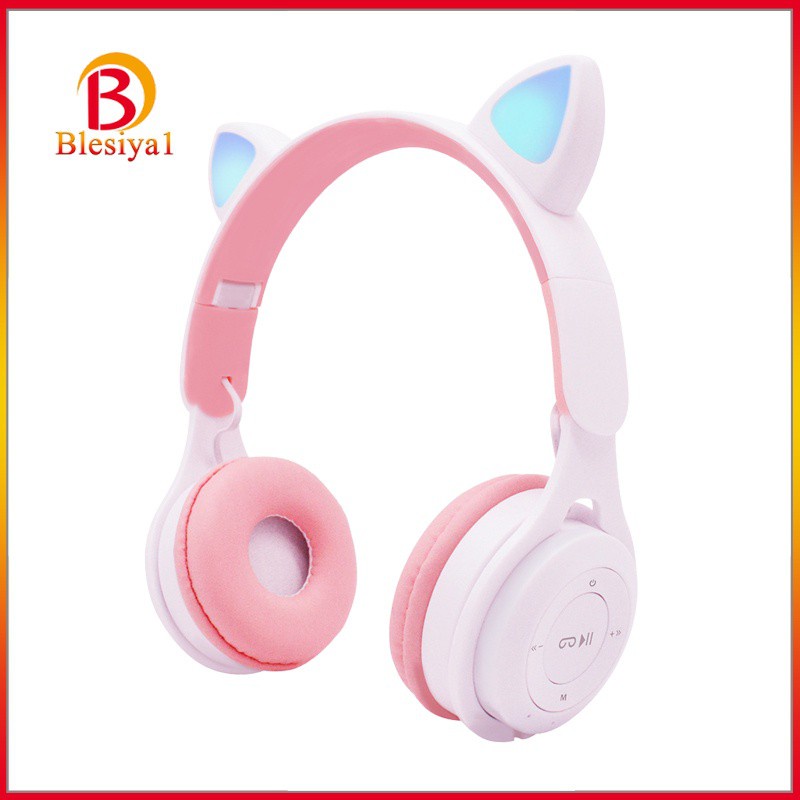 [BLESIYA1] Cat Ear LED Light Up Wireless Foldable Headphones Over Ear with Mic Pink