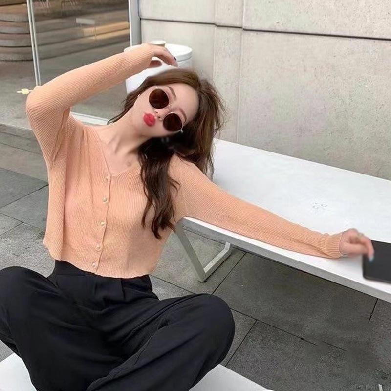 Áo Cardigan Dệt Kim Mỏng Tay Dài Cổ Chữ V Màu Sắc Đơn Giản Cho Nữ
