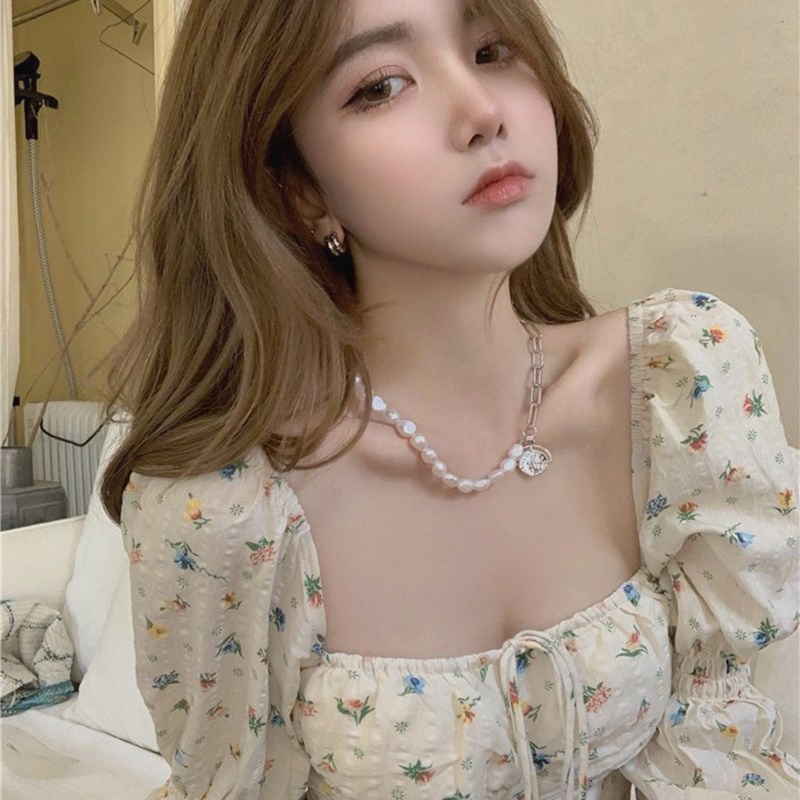 QKOOLE  Áo kiểu tay dài cổ vuông in họa tiết hoa nhún bèo phong cách Hàn Quốc quyến rũ thời trang dành cho nữ