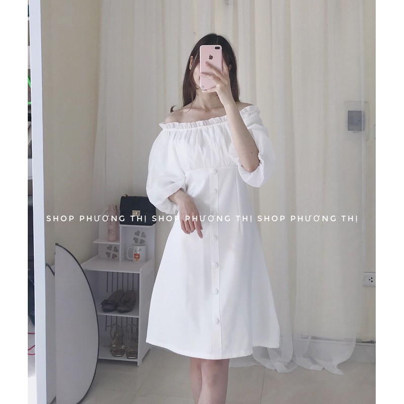 Váy trắng trễ vai thiết kế cúc bọc siêu xinh - Đầm trắng tiểu thư Hàn quốc (sẵn hàng)