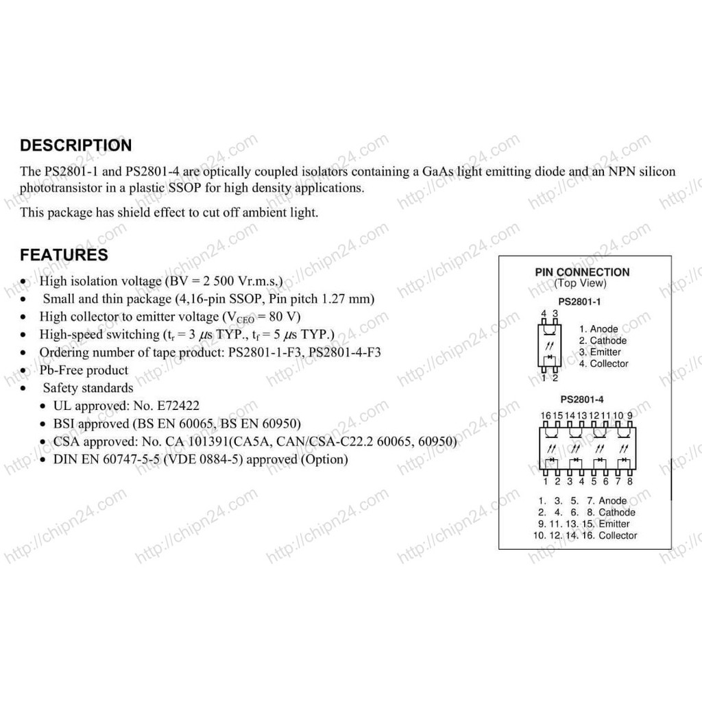 [2 CON] IC PS2801-1 SOP-4 (SMD Dán) (Transistor Output Optocouplers PS2801 2801 50mA 80V)