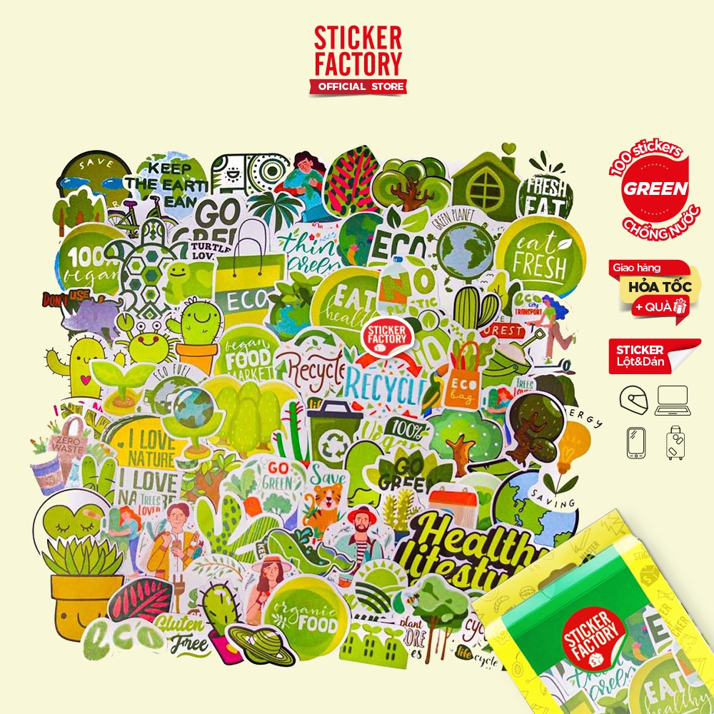 Green Xanh lá - hộp set 100 sticker decal hình dán nón bảo hiểm , laptop, xe máy, ô tô - STICKER FACTORY