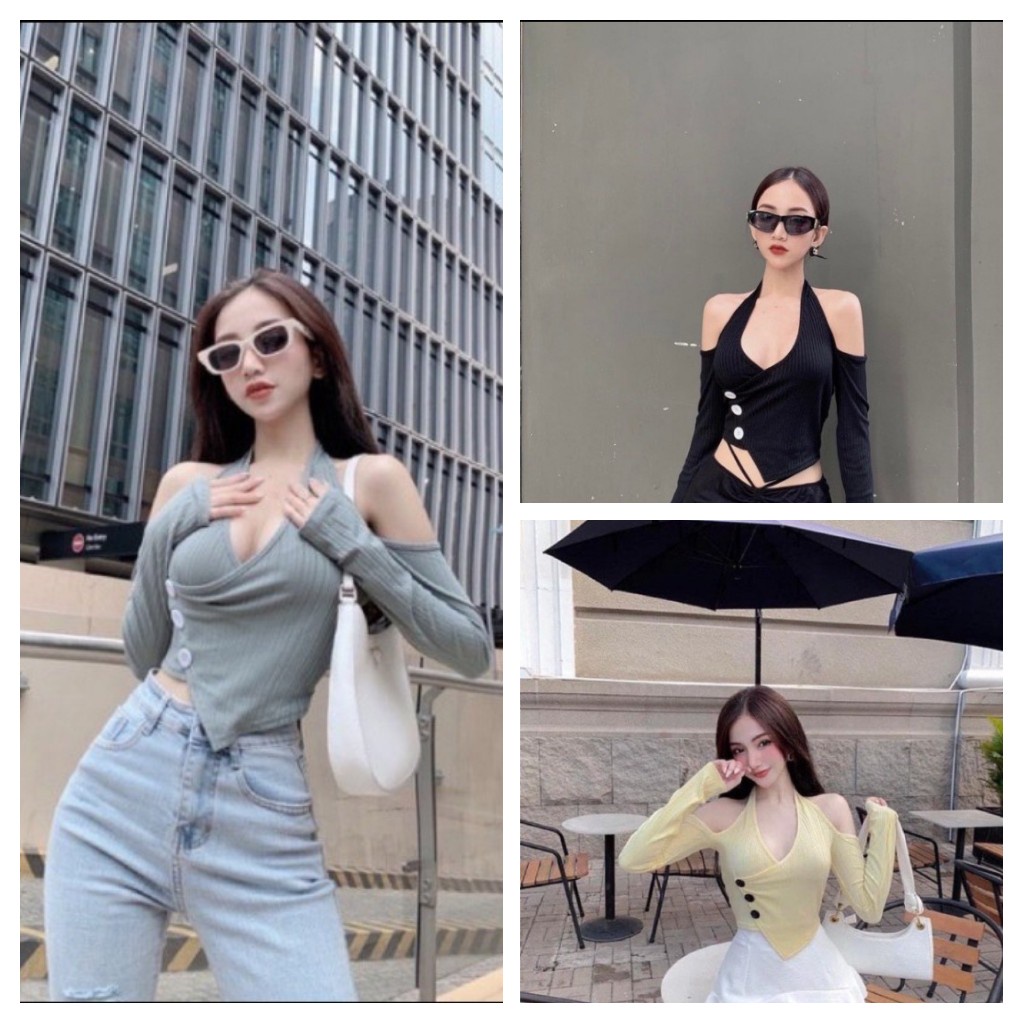 Áo croptop bẹt vai chéo tà phối nút chất thun Gân Len co giãn 4 chiều hàng y hình + Clip chính chủ