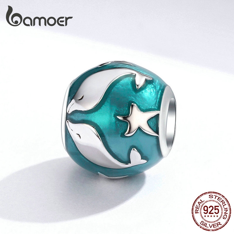 Hạt charm hình tròn khảm cá heo tráng men Bamoer dùng xỏ trang sức SCC1295