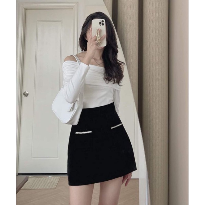 Set chân váy nhung kèm áo thun trễ vai dài tay