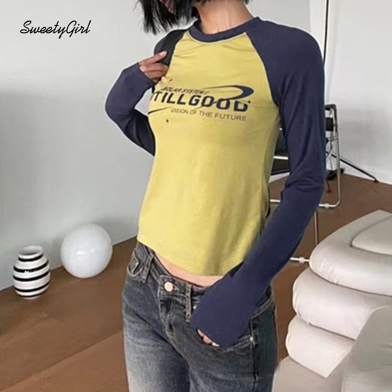 Áo Thun Tay Dài Cổ Tròn Dáng Ôm In Chữ Phối Màu Tương Phản Thời Trang 2022 Cho Nữ