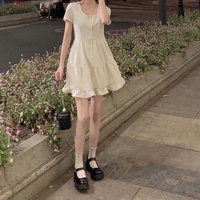 Đầm Maxi Hoa Nhí Tay Ngắn Dáng Chữ A Cài Nút Cổ Vuông Phối Bèo Kiểu Hàn Quốc Dễ Thương Cho Nữ ClassyGirl