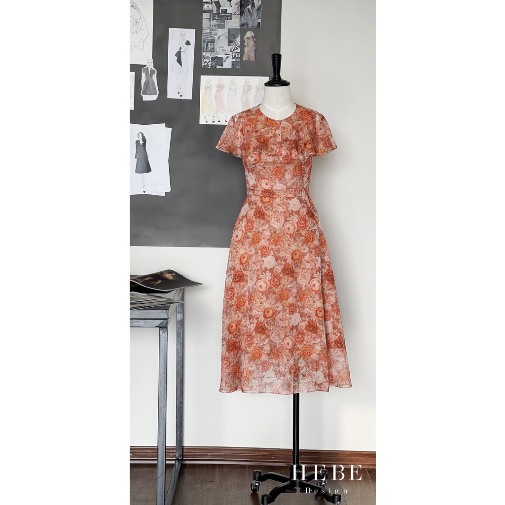 Đầm hồng voan lụa họa tiết hoa hồng_HebeDesign_