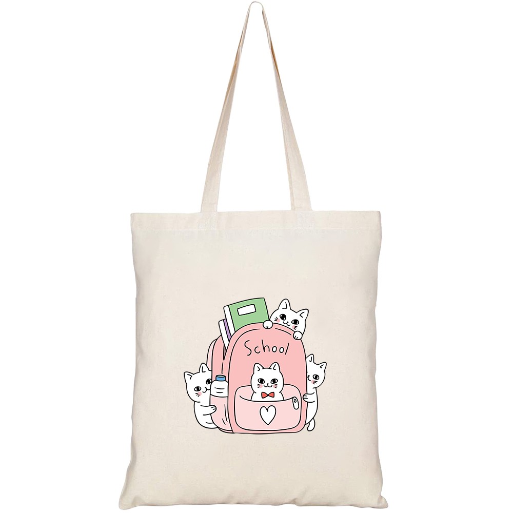 Túi vải tote canvas HTFashion in hình họa tiết Mèo đến trường HT38