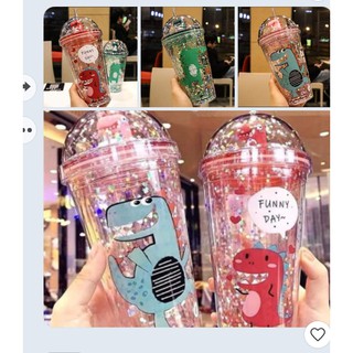 bình giữ nhiệt Khủng long 3D kim tuyến nhiều màu sắc (kèm ống hút) 500ml dễ thương kute, hàng dày đẹp loại 1