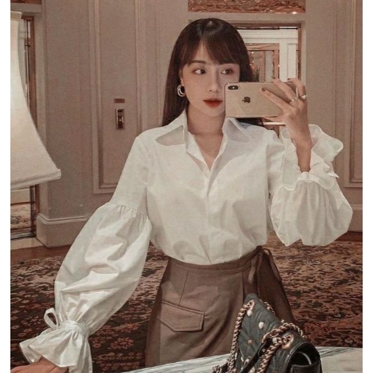 Áo sơ mi tay bồng buộc nơ sau kèm ảnh thật freesize