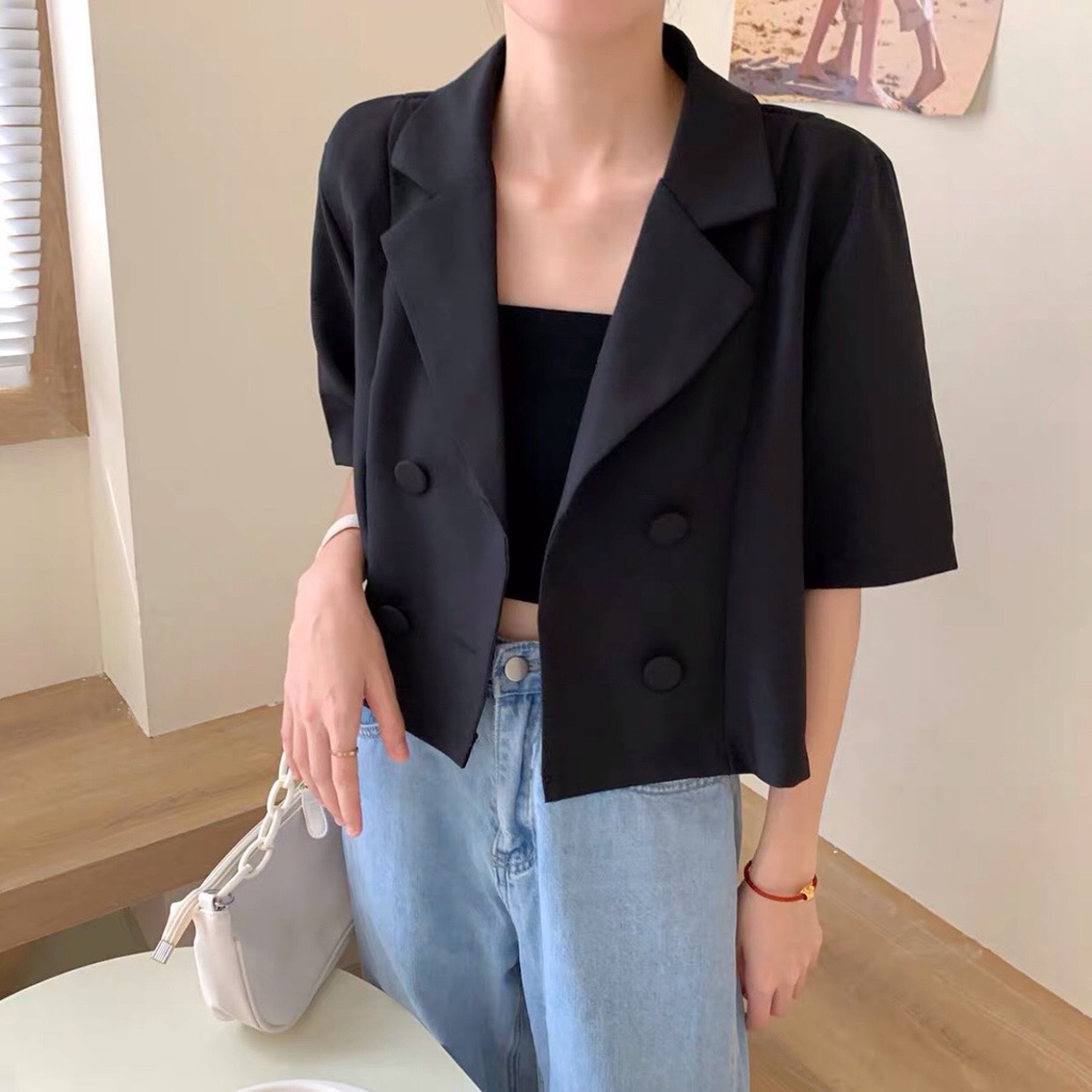 (Tặng Áo Quây) Áo Khoác Blazer Tay Ngắn Thời Trang Thanh Lịch Cho Nữ - Áo Khoác Vest Nữ Blazer Croptop 3 Màu