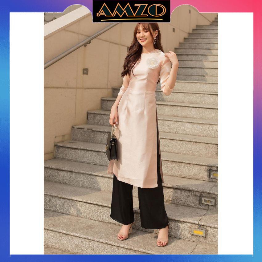 Áo Dài Cách Tân Chất Taffta Phối Tay Voan Tơ Kèm Hoa Cài Áo Màu Đỏ +  Nâu Sang Trọng, Quý Phái. | BigBuy360 - bigbuy360.vn