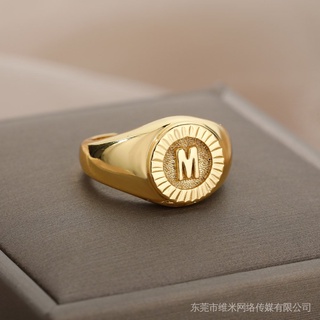 Nhẫn thép không gỉ thiết kế mặt hình đồng xu mạ vàng tròn họa tiết chữ cái tối giản độc đáo phong cách vintage cho nữ