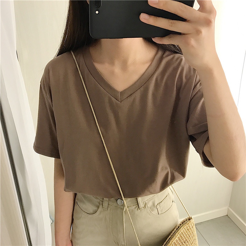 Áo Thun Tay Ngắn Màu Sắc Đơn Giản Phong Cách Hàn Quốc