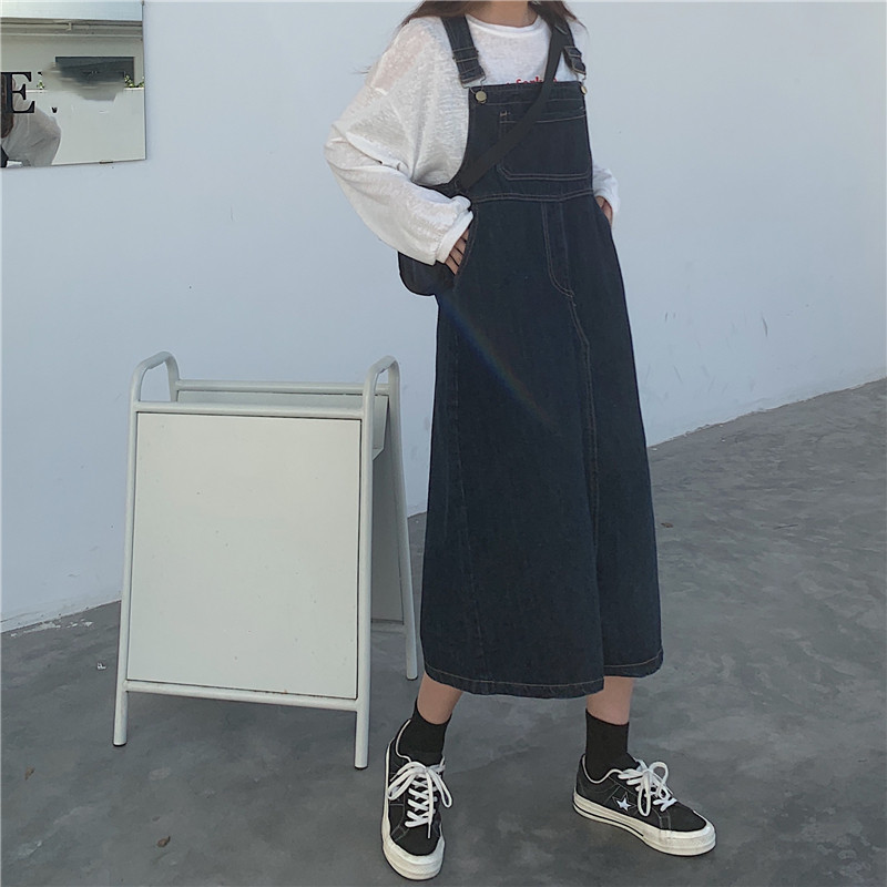 Xiaozhainv Đầm Yếm Denim Form Rộng Phong Cách Retro Hàn Quốc Cho Nữ