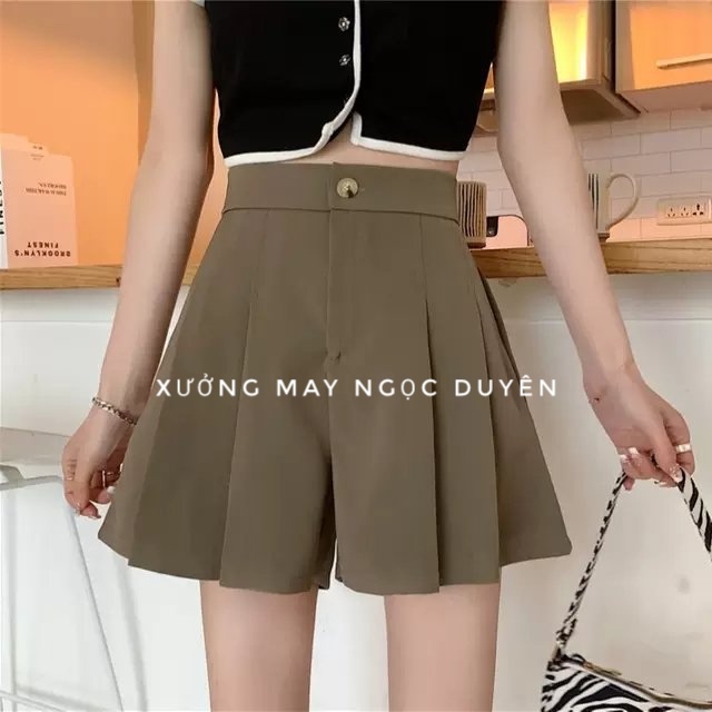Quần short lưng cao nữ xếp ly giả váy đi biển cá tính dáng quần sooc đùi cạp cao ống rộng có túi mặc ở nhà ngang gối đùi