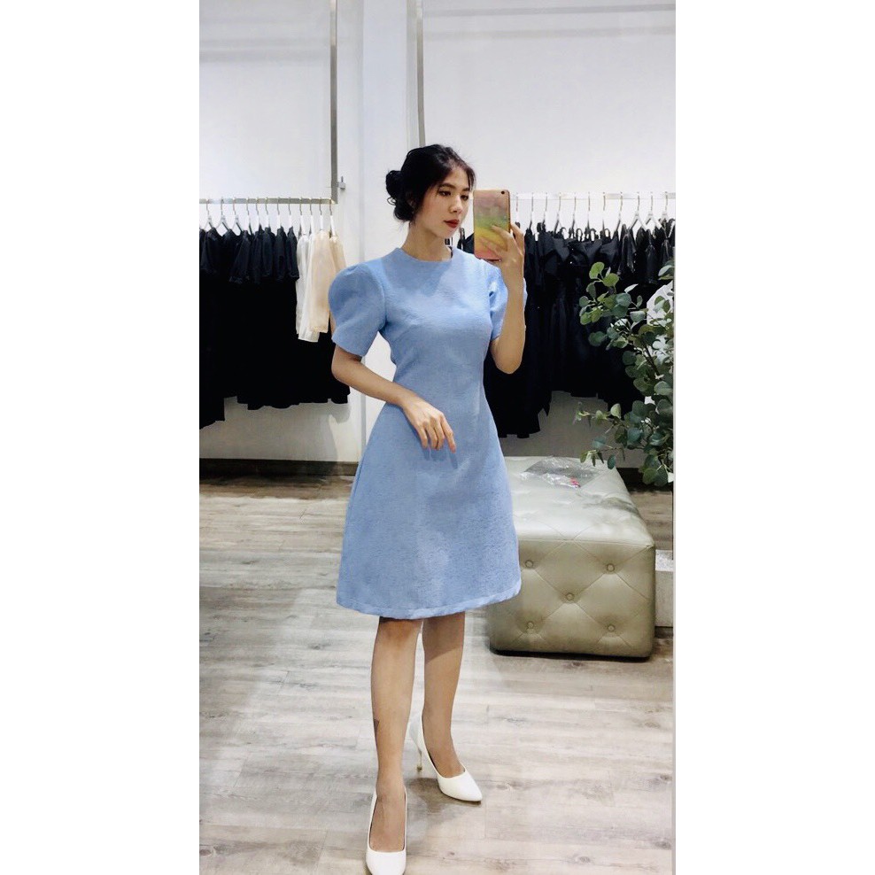 Đầm nữ cổ tròn tay phồng MIARA tùng chữ A, thiết kế basic, màu xanh biển trẻ trung DT16