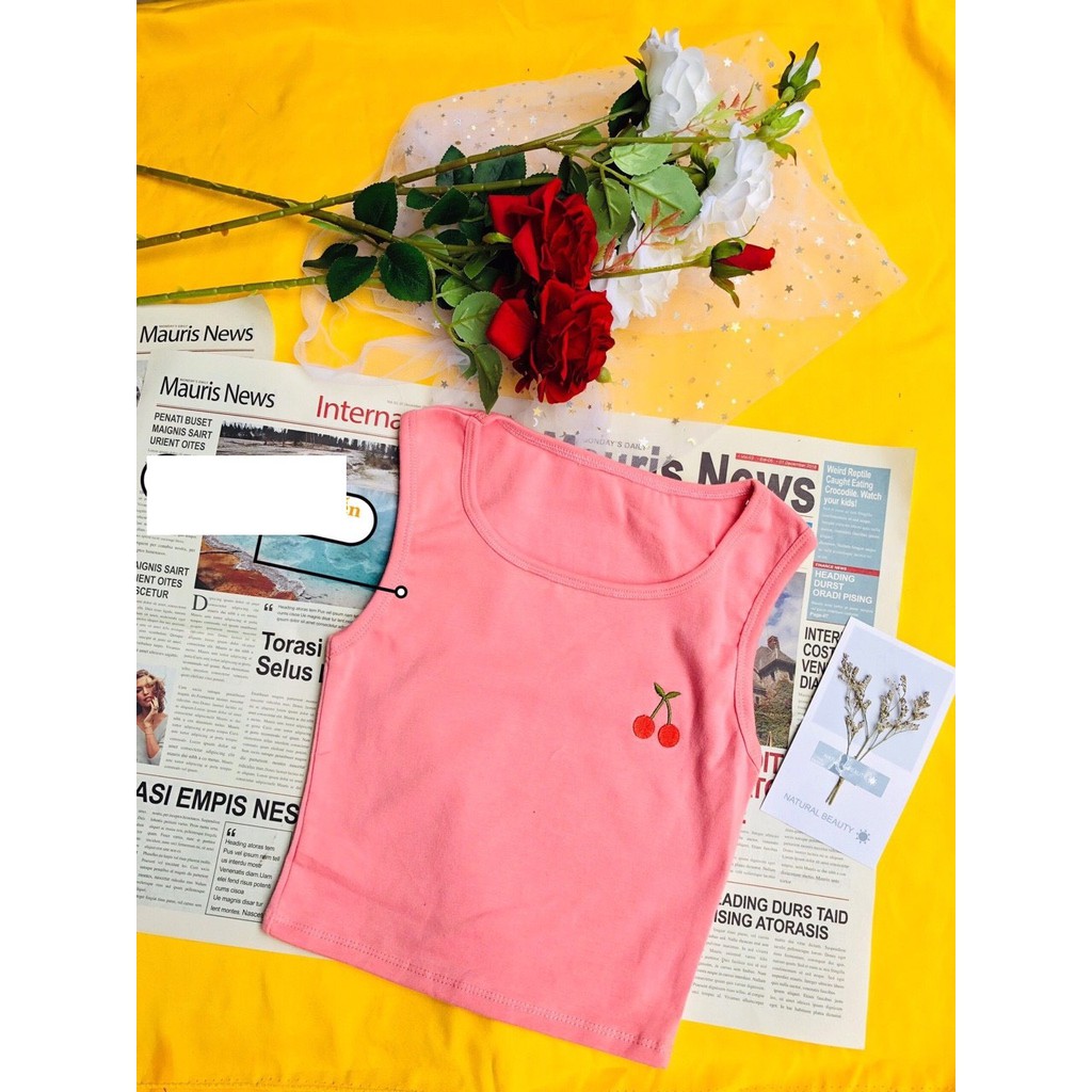 Áo kiểu cọc tay cổ tròn thêu trái cherry xinh xắn siêu xinh xắn