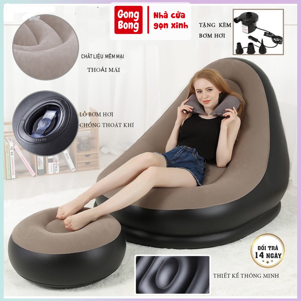 Ghế hơi tựa lưng bọc nhung mềm mịn ghế lười êm ái có đệm hơi lót chân cao cấp có tặng kèm bơm điện