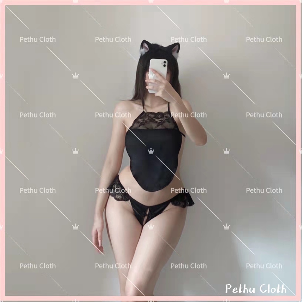 （Q1,HCM）Đầm ngủ sexyFreeshipVáy Ren hai dây Set đồ lót Cosplay Cổ đen trắng đỏ gợi cảm-kèm quần chip cho 40-55kg--015