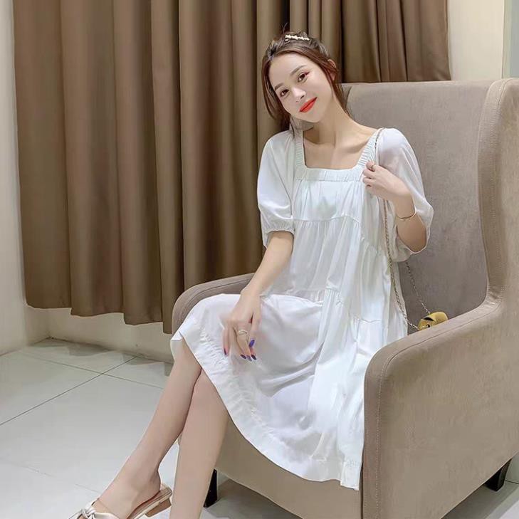 VÁY TRỄ VAI BABYDOLL TAY CHUN MÀU TÍM TRẮNG - ĐẦM CỔ VUÔNG BA TẦNG TRẮNG TÍM ULZZANG