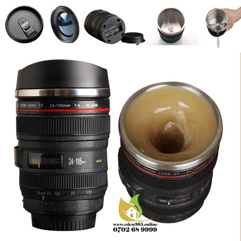 Cốc cafe tự động khuấy thông minh kiểu dáng ống kính máy ảnh kiểu nắp Lens và nắp trượt camera - Tặng kèm pin AA