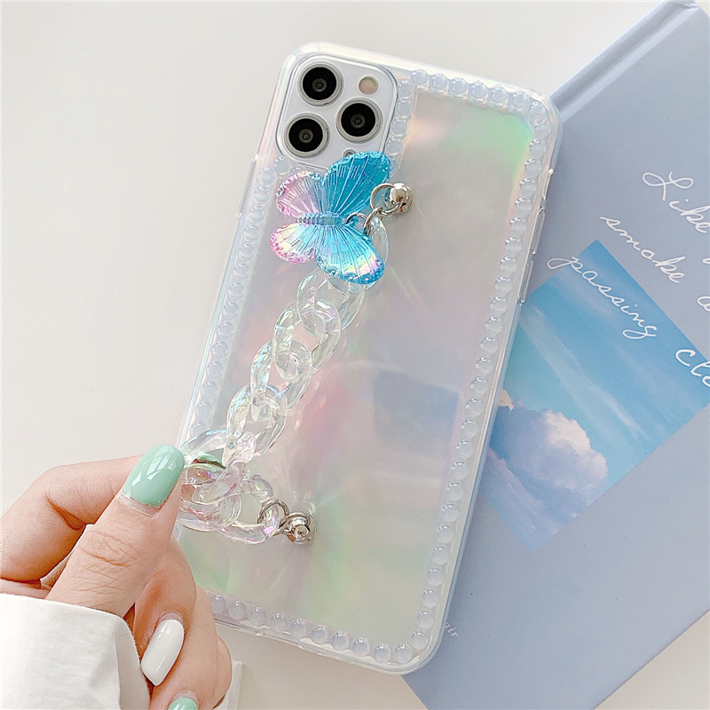 Ốp điện thoại mềm màu laser phối bươm bướm có dây đeo cho iPhone SE2 11 Pro MAX XS XR 7 8 Plus | BigBuy360 - bigbuy360.vn