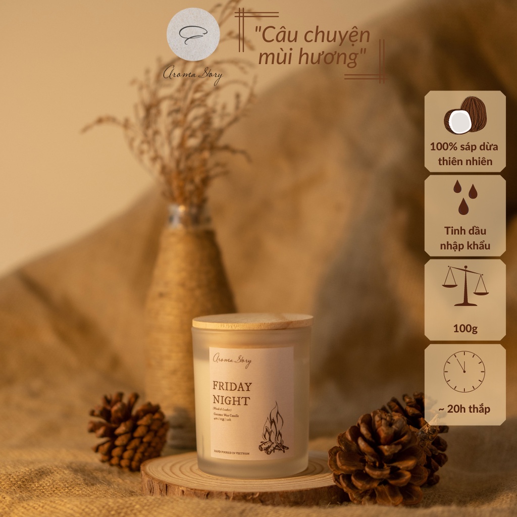 Nến Thơm Trang Trí, Cao Cấp, Tự Nhiên Aroma Story Hương Gỗ Và Da Thuộc Friday Night Size 100g